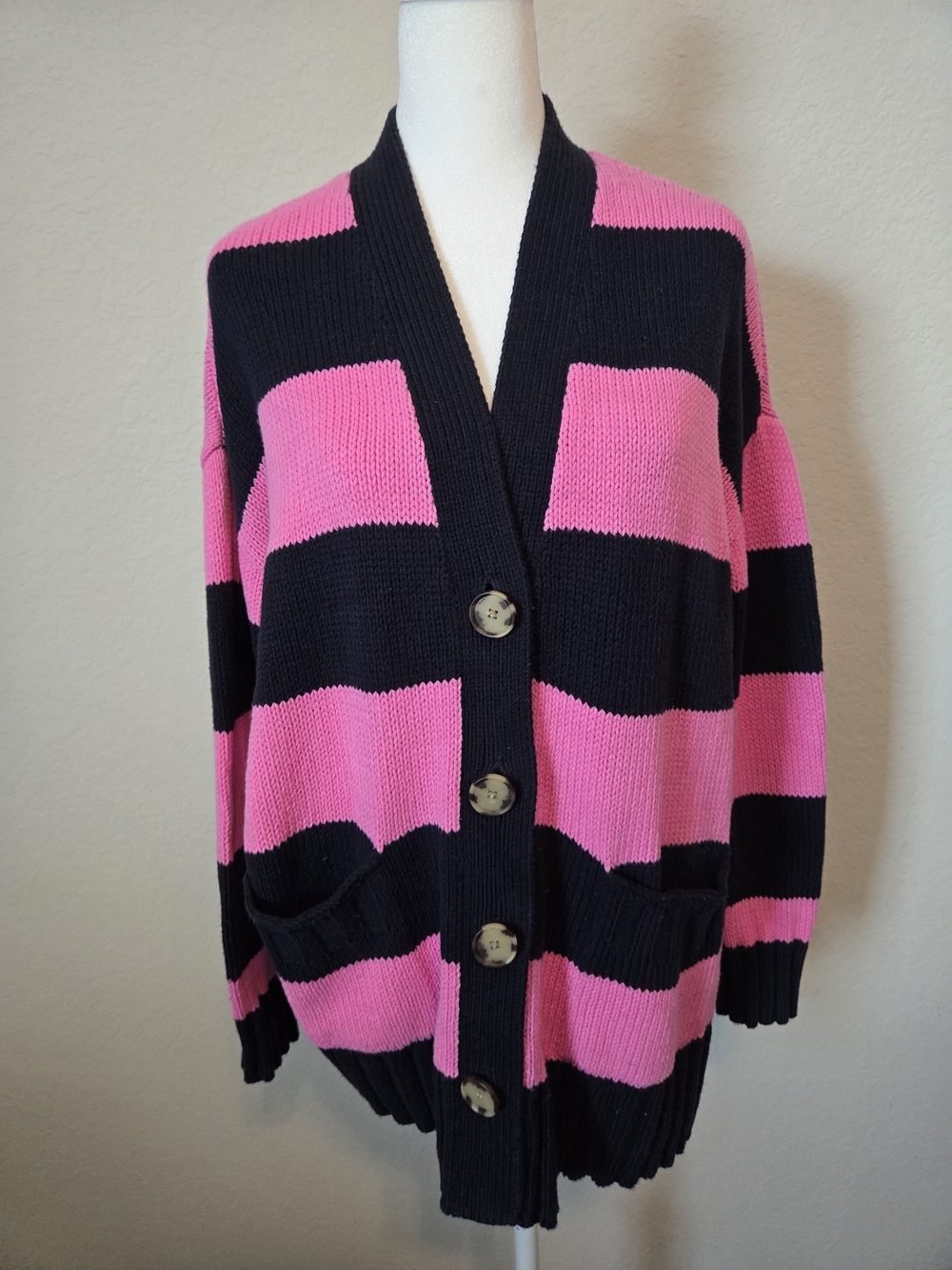 LOFT Pink and Black Striped Button-Front Cardigan